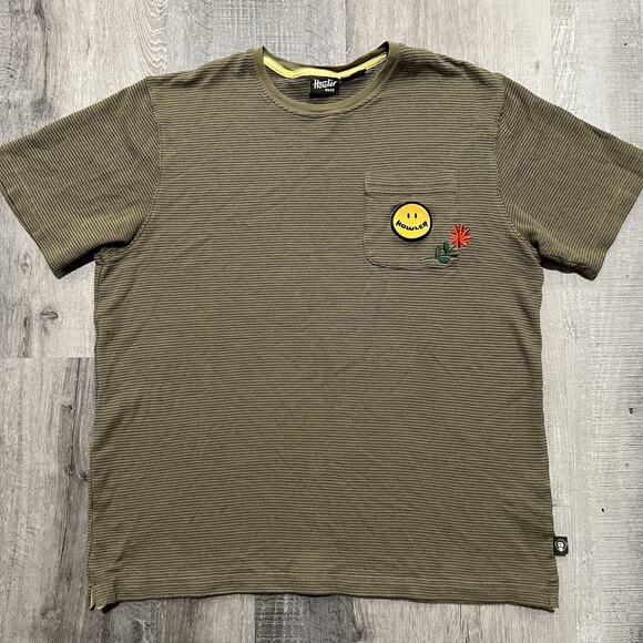 Howler Bros Smiley Patch Pocket Tee Olive Green Stripe 100% Cotton Knit Medium - Picture 1 of 5